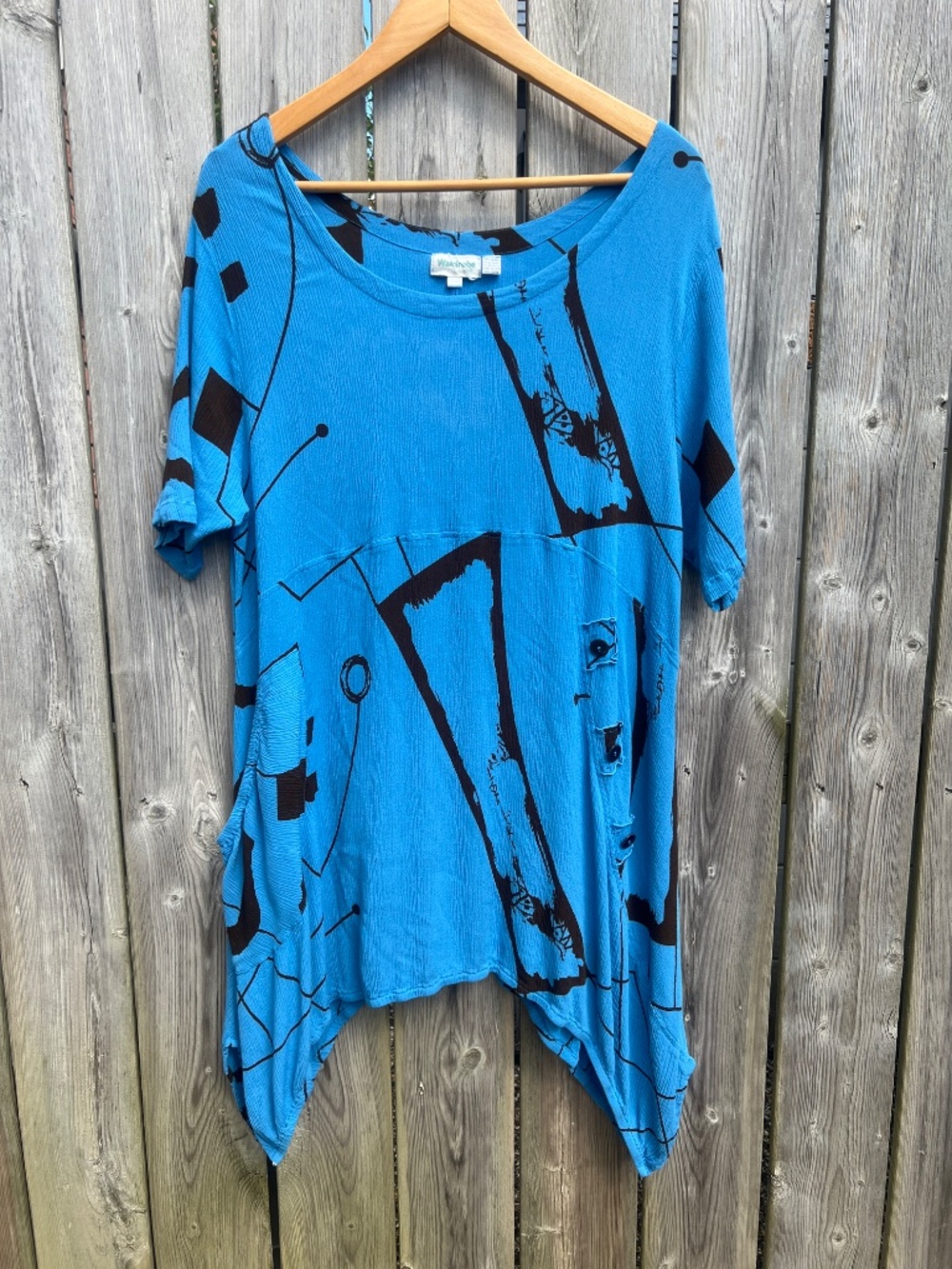 Plus Size Rayon Pullover Blouse Boho Blue Black Abstract Crinkle Shirt Lagenlook